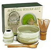 Matcha Whisk Set, Matcha Set, 6 Pieces, with Bamboo Whisk, Ceramic Bowl & Sifter Complete Matcha kit Tea Includes Scoop & Spout Bowl, Traditional Japanese Tea Accessories for Home (set of 6)