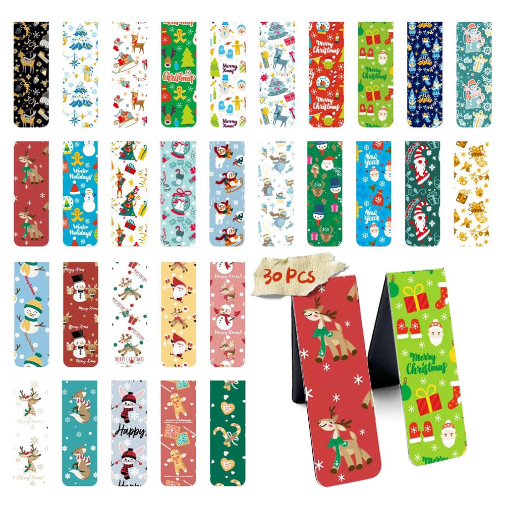 30 Pieces Christmas Magnetic Bookmarks Tags, NDLT Cute Magnet Page Clips Bookmark with Santa Snowman Reindeer Christmas Tree Pattern for Women Men Kids Book Lovers, Xmas New Year Gift Hanging Tags