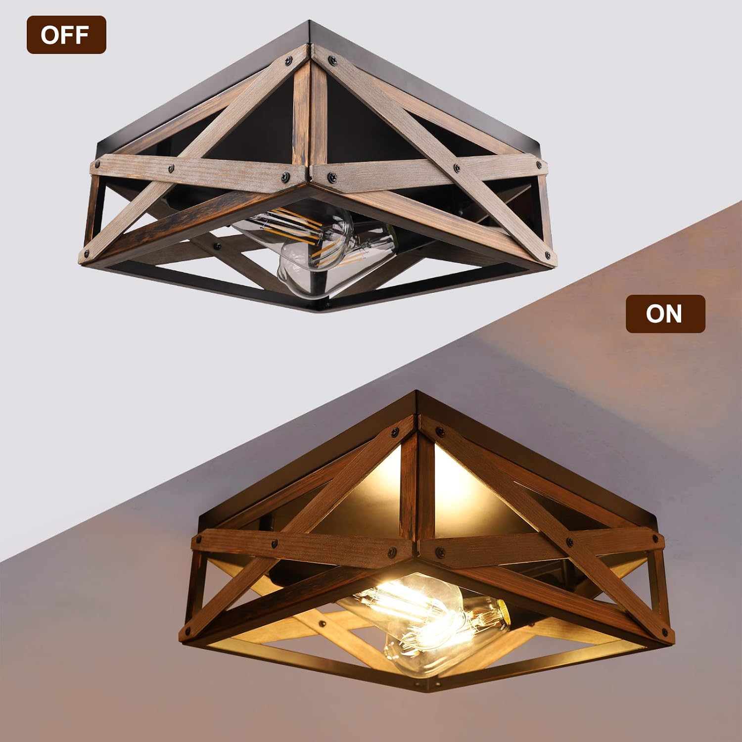 Farmhouse Light Fixtures Ceiling Two Light Metal And Wood Square Industrial Ceiling Lighting Fixtures For Farmhouse Bedroom Kitchen Balcony Hallway Entryway Rustic Flush Mount Ceiling Light Fixture Lighting Ceiling Fans Tools