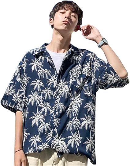 Amazon ヤンーチ アロハシャツ メンズ プリント ゆったり ハワイアン トップス ビーチ シャツ ファッション ブルーl Tシャツ カットソー 通販