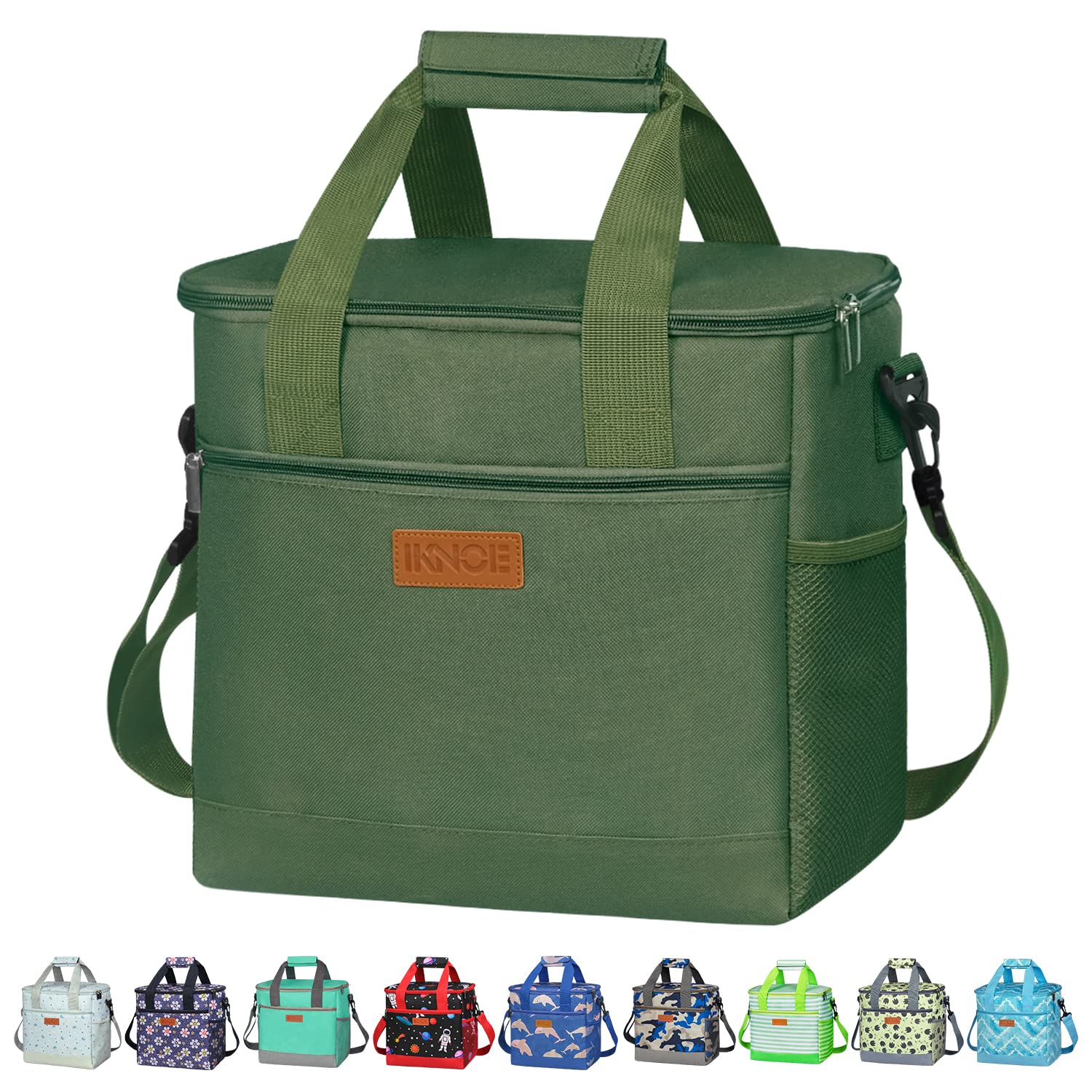 iKnoe Large Collapsible 15L Insulated Cooler Bag with Multi-Pockets for Adult, Beach, Picnic, Work, Military Green (24-Can, 15L)