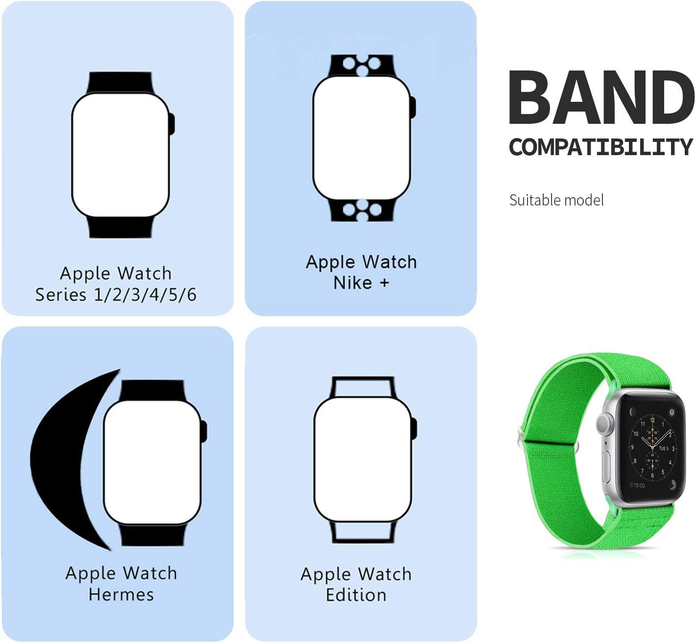 Ecogbd Elastic Replacement Strap Compatible with Apple Watch Strap 38mm 40mm 42mm 44mm, Soft Fabric Nylon Strap Compatible with iWatch Series 6, 5, 4, 3, 2, 1, SE for Women Men (42MM/44MM, Green) - Image 4