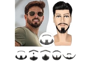 Fanguilar 100% Human Hair Full Hand Tied Lace Fake Mustache Goatee Human Hair Fake Beard Realistic Makeup for Drama/Party/Entertainment/Movie Prop for Halloween Funny Cosplay Costume Party