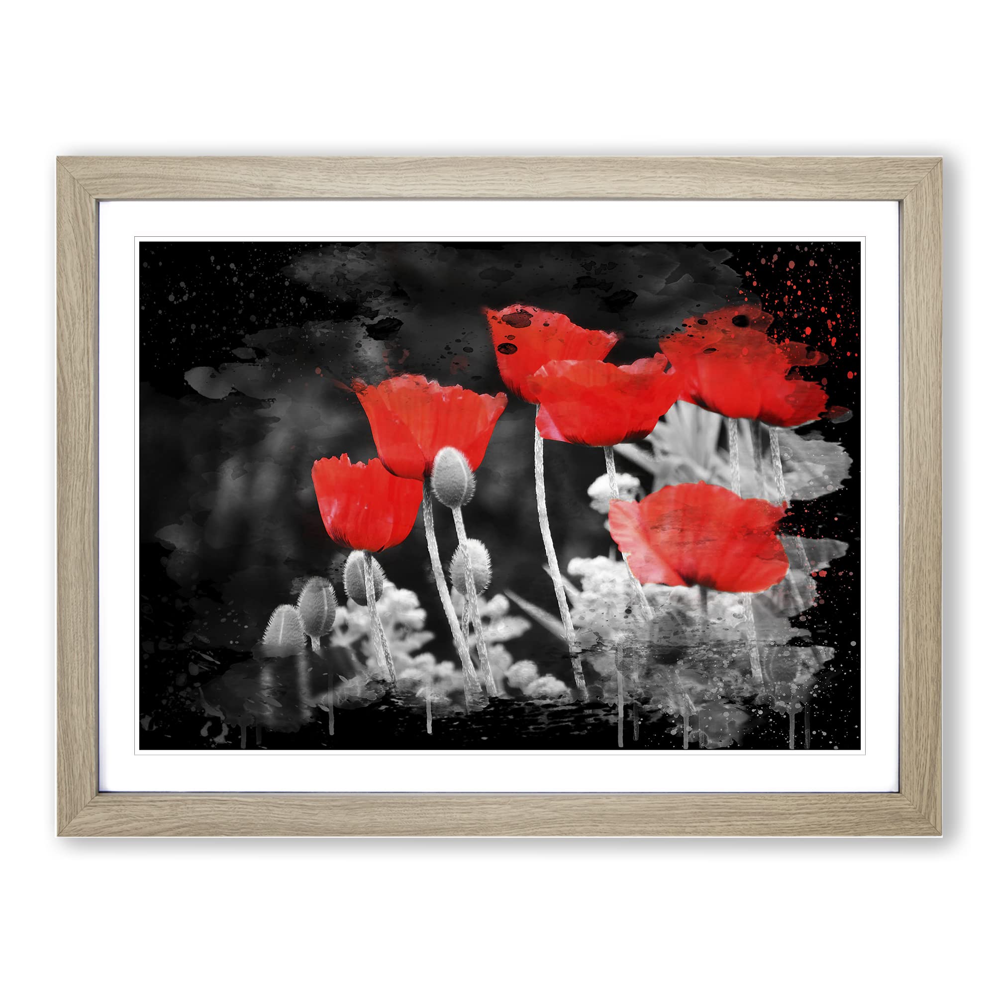 Red PModern OPpy Field Flowers No.7 Modern CB Framed Wall Art Print, Ready to Hang Picture for Living Room Bedroom Home Office Décor, Oak A4 (34 x 25 cm)