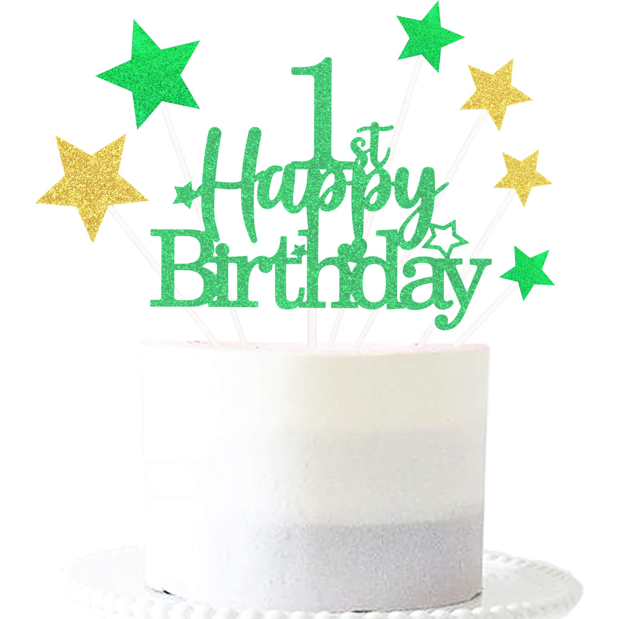Glittery 1st Happy Birthday Cake Topper with Star,Personalised 1 Birthday Cake Toppers Party Decorations Party Supplies for Baby Boys Girls Green Gold