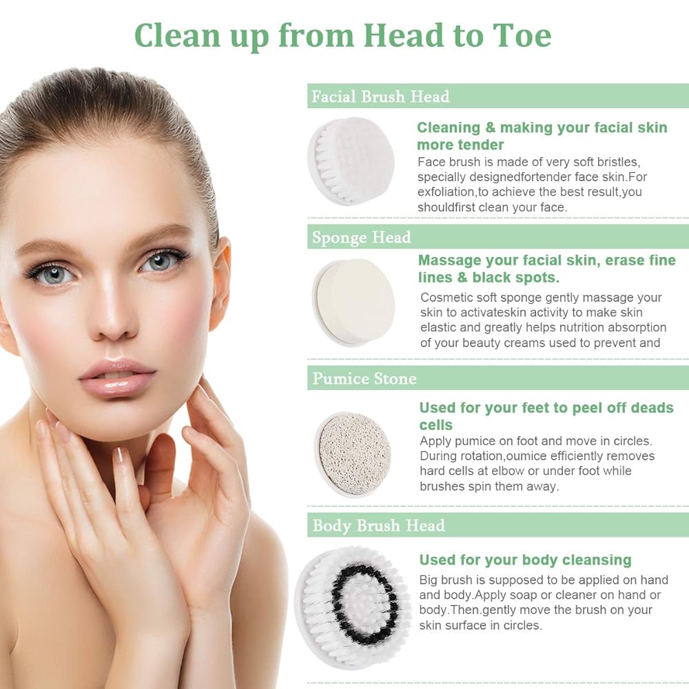 Facial Cleansing Brush - Waterproof Face Brush with 4 Brush Heads, Face