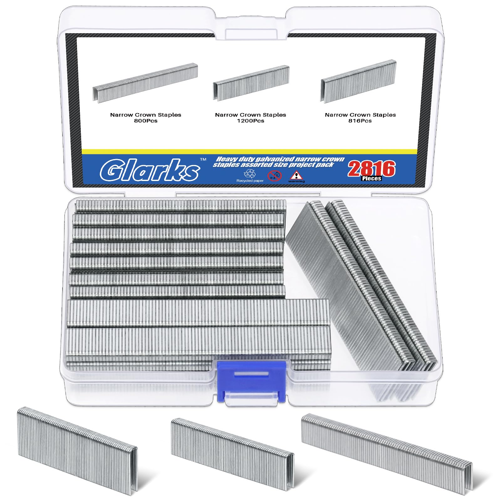 Glarks 2816Pcs 18 Gauge Narrow Crown Staples, 1/2", 3/4", 1" Galvanized Crown Narrow Staples Assortment Kit for Electric Stapler, Pneumatic, DIY Home Improvement (Silver)