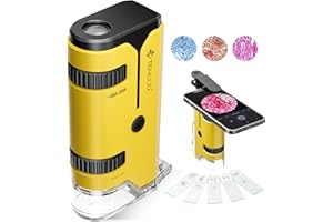 TENCCO 100x-250x Mini Pocket Microscope for Kids Adults, Protable Handheld Microscope with 5 Microscope Slides, Phone Adapter, Miniscope Portable Microscope Kit for Kids Adults Science Lab Education, Yellow