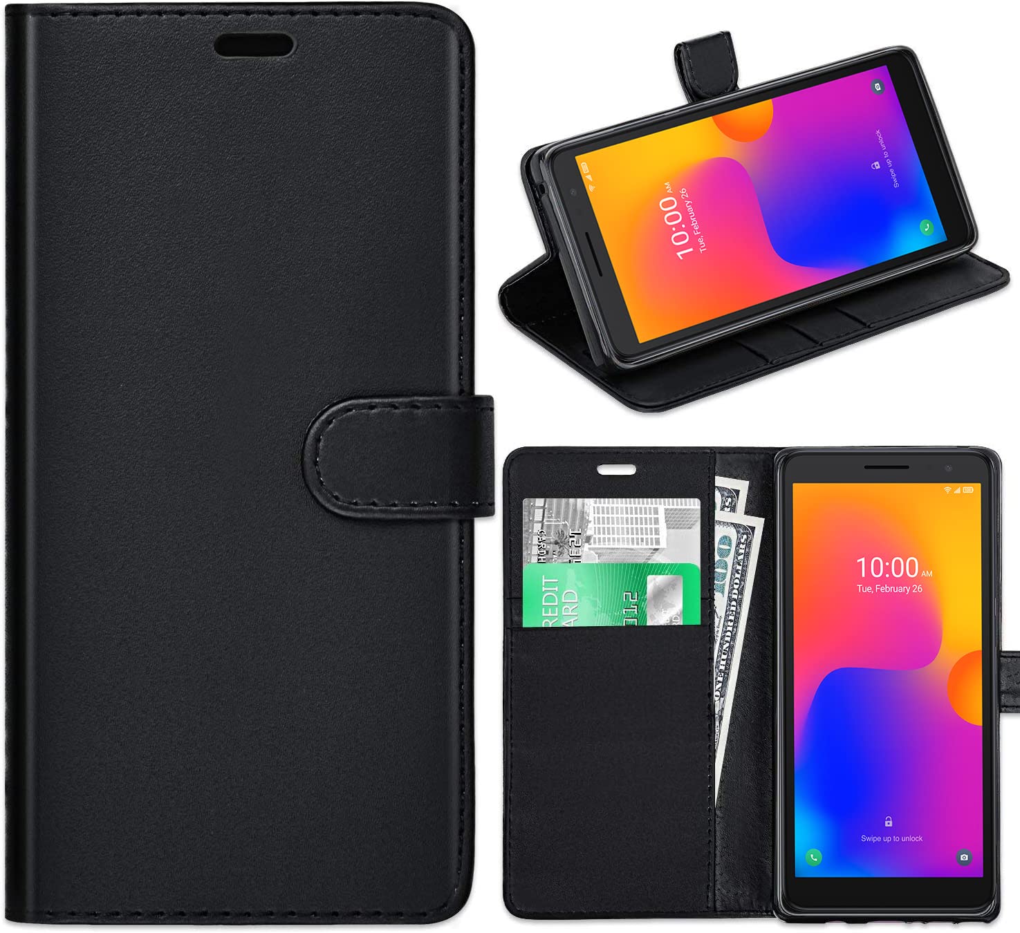 KP TECHNOLOGY Alcatel 1B 2022 Case, Alcatel 1B 2022 Leather Case, Alcatel 1B 2022 Book Flip Leather Wallet Cover with Card Slots for Alcatel 1B 2022 (BLACK)