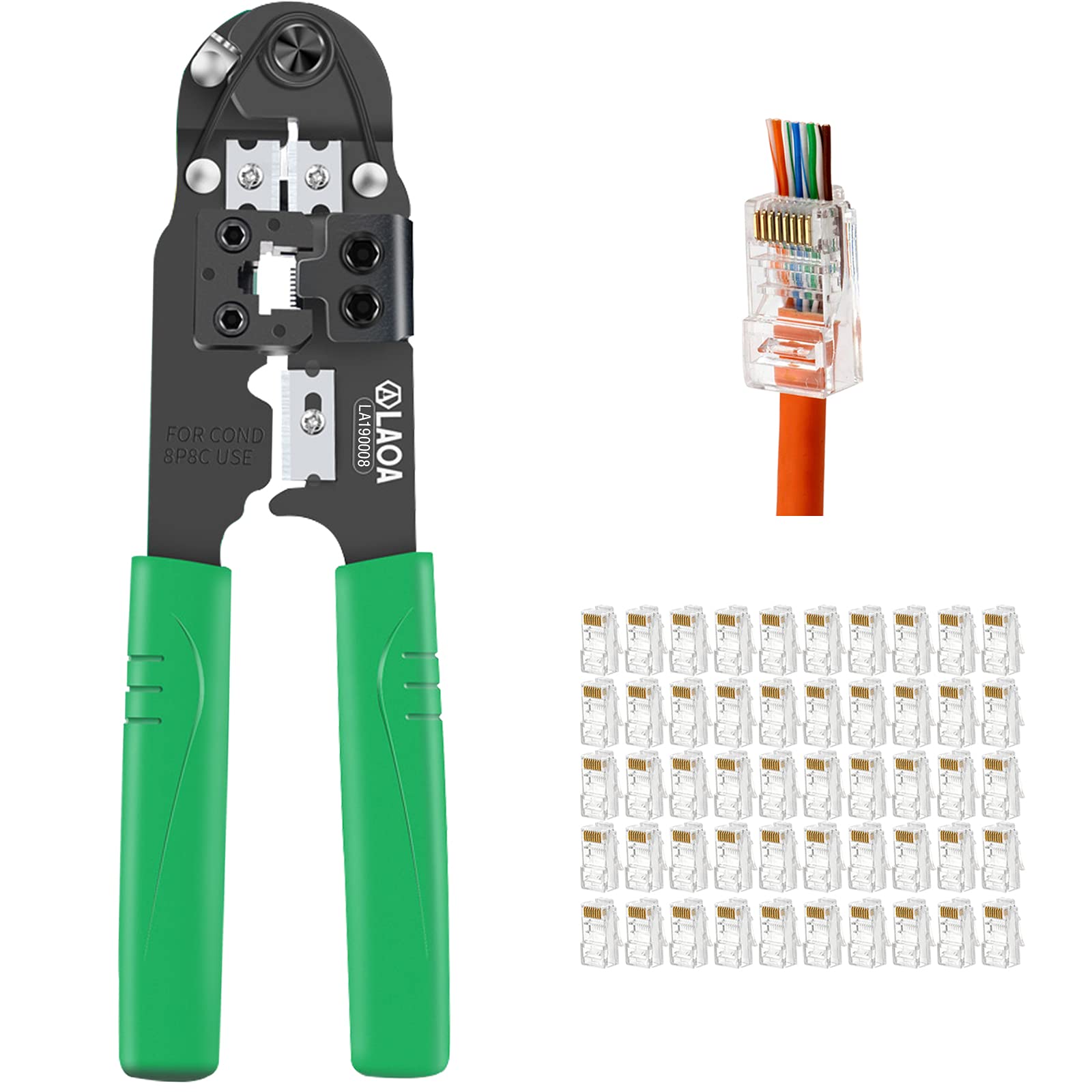 LAOA RJ45 Network Crimping Tool,for 8P Cable Plugs,with 50 Connectors,3 in 1 Multi Function Clamping Stripping Cutting Hand Tools