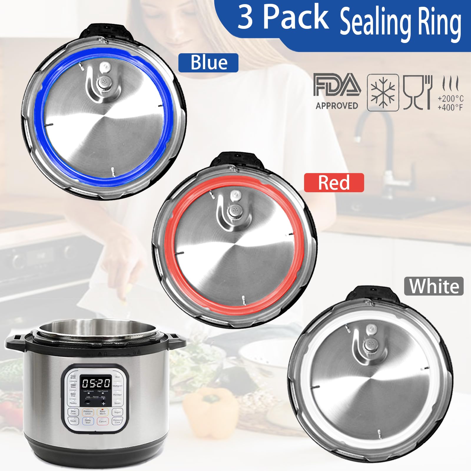 3 Pack Sealing Ring 6 Qt for Instant Pot Sealing Rings for 5/6 Qt Insta Pot, With 3 Float Valve Caps, Food-grade Silicone Instantpot 6Qt Sealing Ring, for Instant Pot 5&6 Qt, Red, Clear and Blue