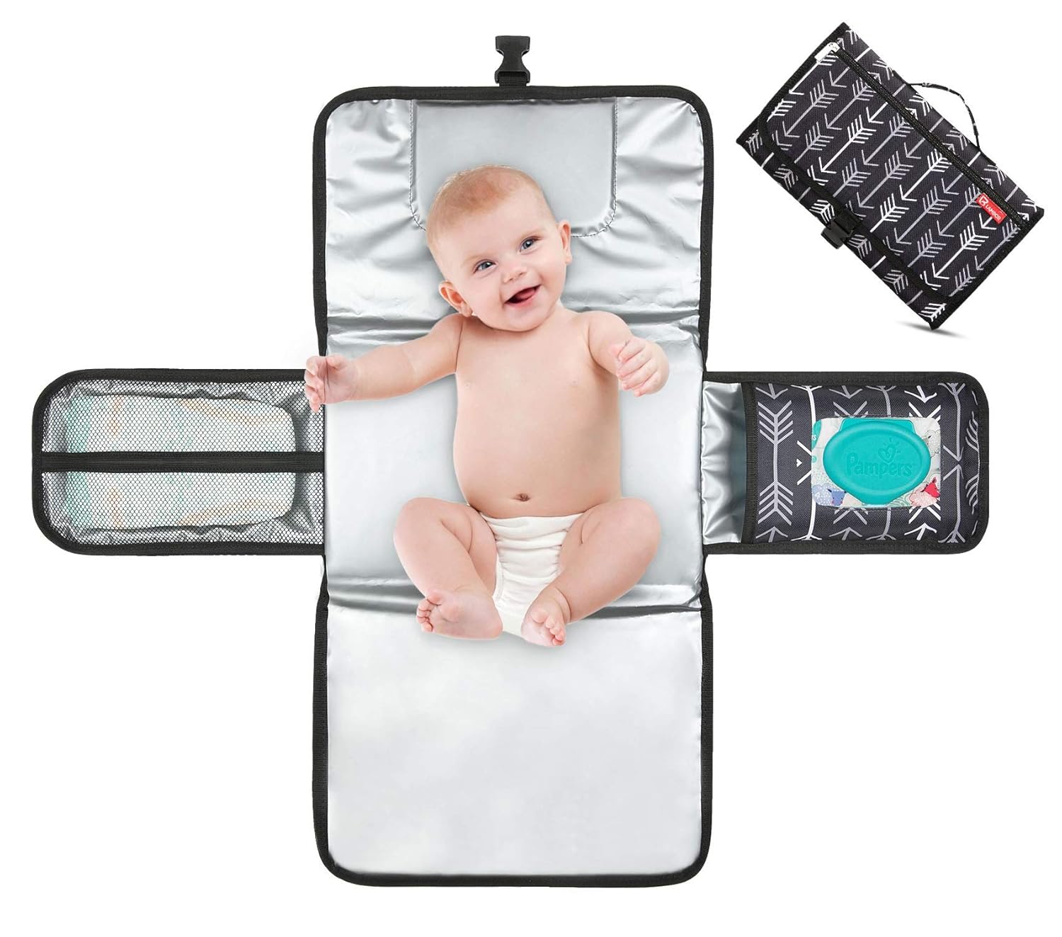 Portable Diaper Changing Pad with Builtin Head Cushion, Waterproof Travel Changing Mat with