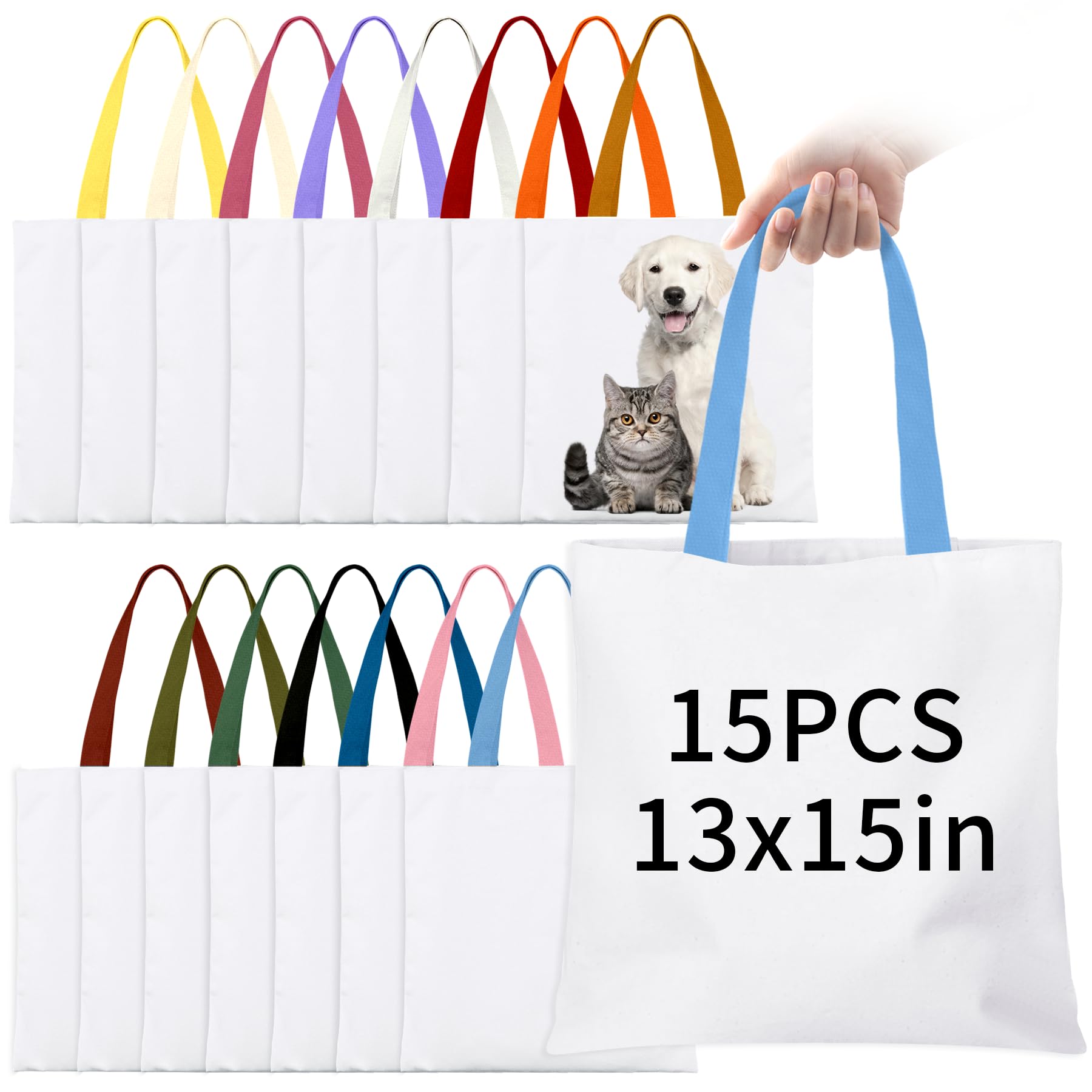 Photo 1 of 15 Pack Sublimation Blanks Tote Bags,13"x15" Reusable Grocery Bags DIY Canvas Tote Bag Polyester Tote Bag for Sublimation with Multicolor Handles for Advertising DIY Crafting Heat Transfer Gift Bag