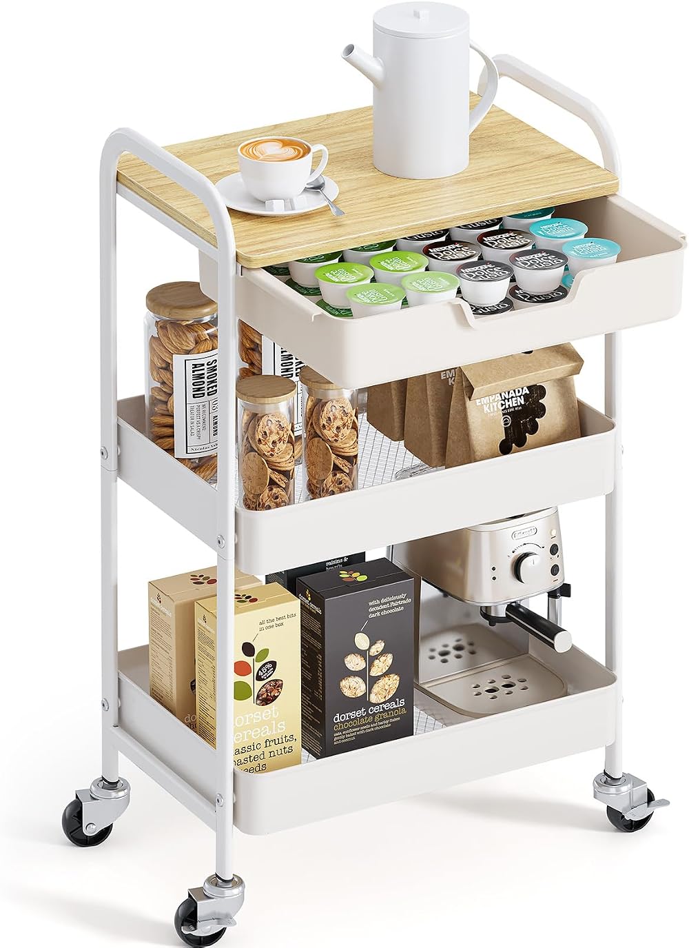 KINGRACK 3 Tier Storage Trolley on Wheels White with Wooden Top