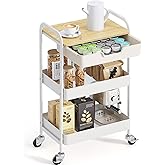 TOOLF 3-Tier Metal Utility Rolling Cart with Drawer and Wooden Table Top, Storage Cart White Trolley Kitchen Organizer Rolling Desk with Locking Wheels for Office, Classroom, Home, Bedroom