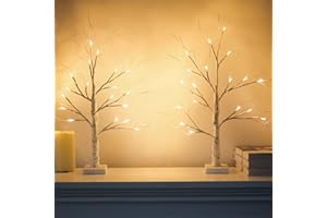 hogardeck 2FT 18LT Led Lighted Birch Tree, Set of 2 24 Inch White Money Tree for Christmas Decorations Indoor, Battery Powered Timer for Home Wedding Mantle Table Top Centerpieces Easter Decor