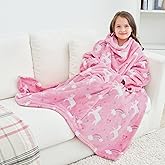 Softan Wearable Fleece Blanket with Sleeves & Foot Pocket for Kids Boys Girls Children,Lightweight Soft Blanket with Sleeves and Hook & Loop 48" x 48" Pink Unicorn
