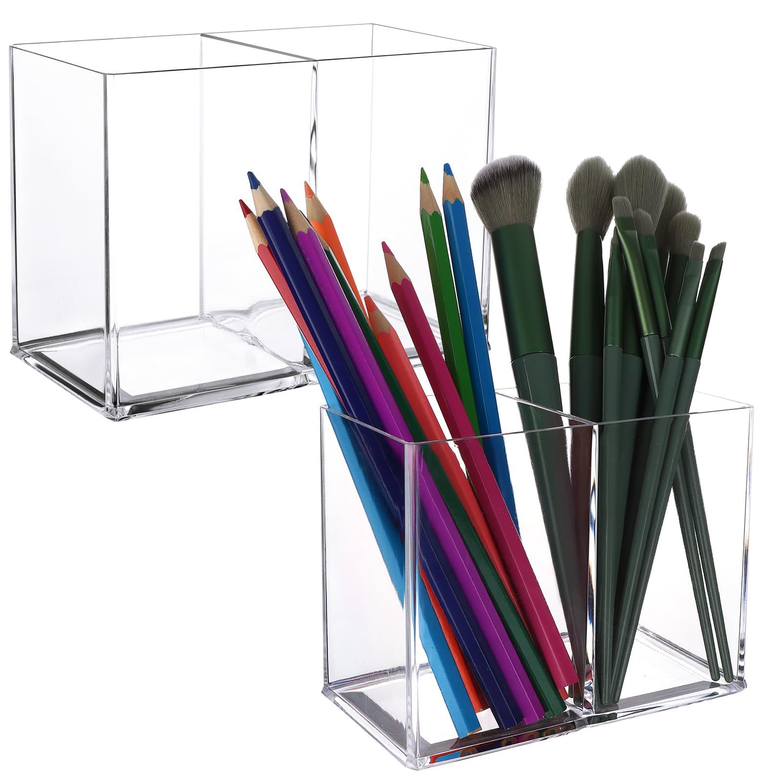 2Pcs Acrylic Pen Holder With 2 Compartments, Square Pencil Organizer, Transparent Cup for Makeup Brushes, Clear Storage Basket for School, Home, Office