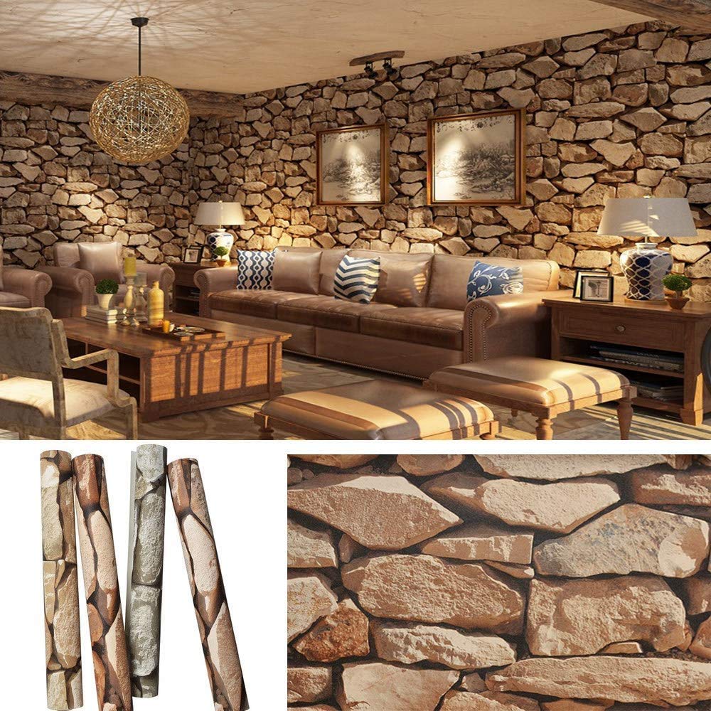 FOMEIL PVC Retro 3D Stone Wallpaper Retro Fashion 53 cm (W) x 950 cm (L) Vintage Nostalgic Wall Large Personality KTV bar, Brown
