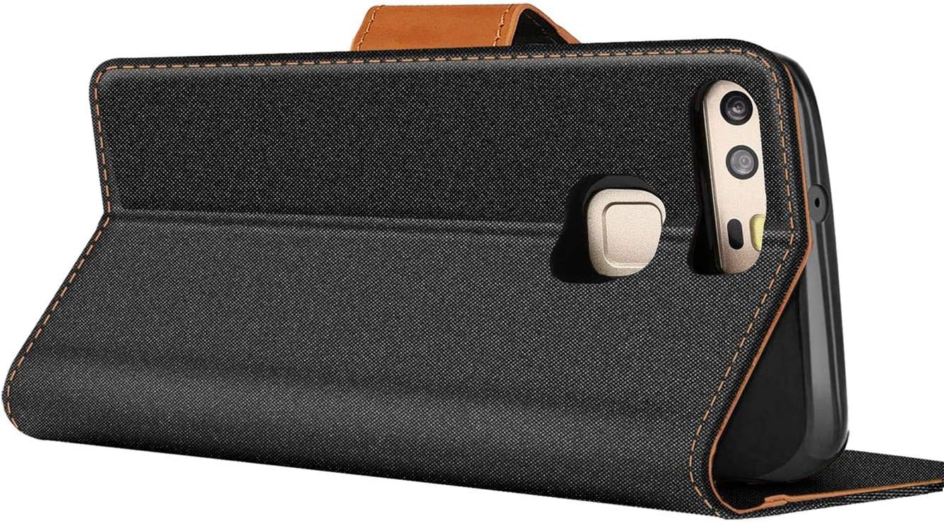 Verco Phone Wallet Case compatible with the Huawei P9, Canvas Faux Leather Book Cover for the P9 Flip Case Bag Hinged - Black - Image 5