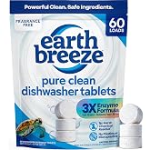 Earth Breeze Dishwasher Detergent Tablets, Free &amp; Clear, 60 Count | 100% Plastic-Free Tablets with No Harsh Chemicals, 3-in-1 Triple Enzyme Formula, Eco-Friendly Dish Washing Pods, HE Safe