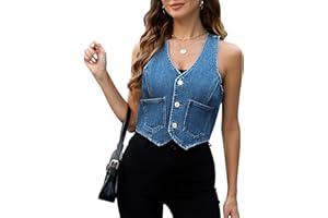 Ladyful Womens Crop Denim Vest Top Sleevelesss V Neck Jean Waistcoat Vest