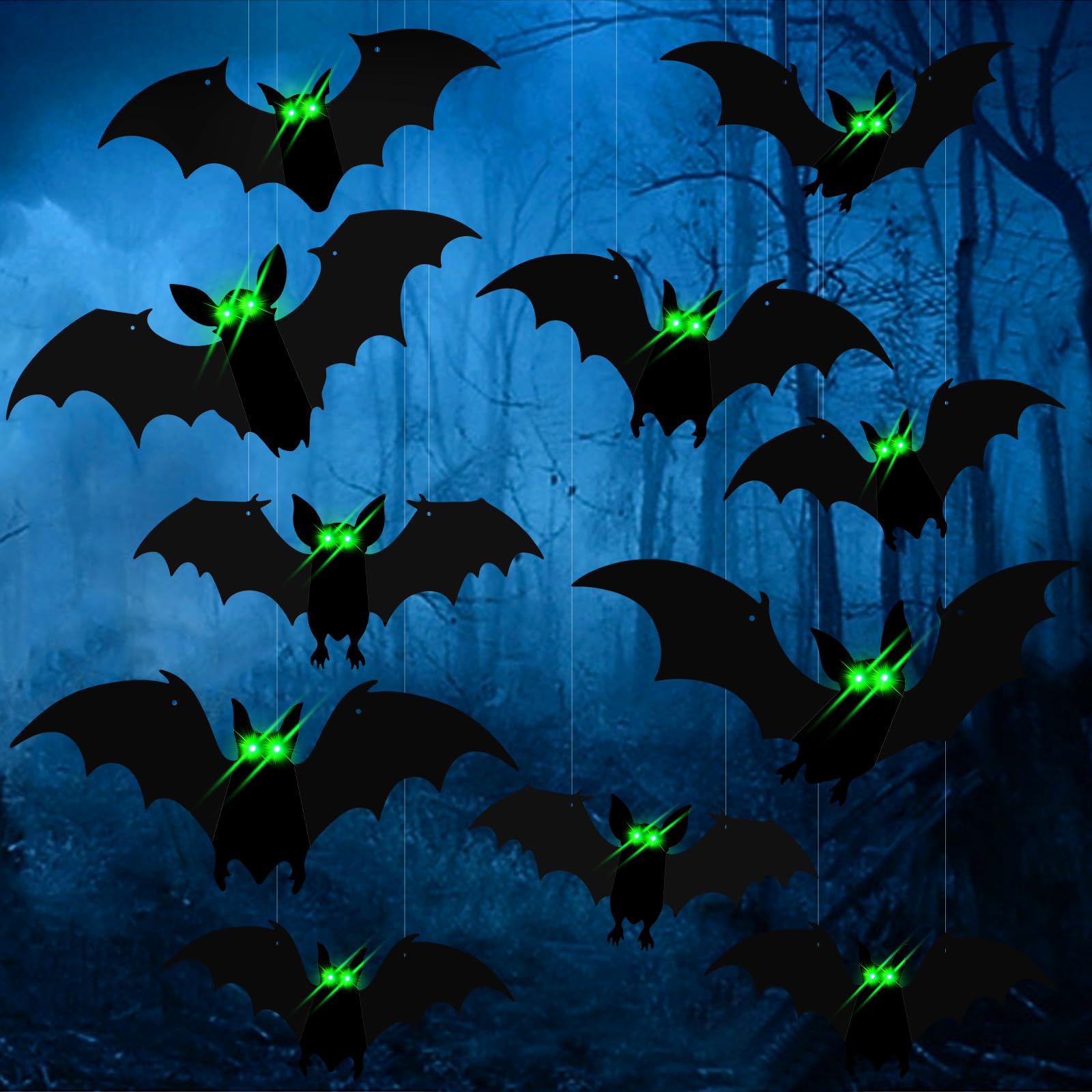 Photo 1 of DIYASY 15 Pcs Haning Bats Halloween Decorations Outside, Large Plastic 3D Bat Decor Glow in Dark Eyes Bats Outdoor Indoor Decals Black Decorative Bat Cutouts for Tree Porch Yard Lawn Wall Home