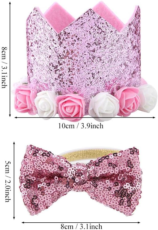 TOPINCN Pet Hat Bow Tie Set Fashionable Retractable Shiny Flower Crown Dogs Cats Pet Supplies Christmas Birthday Party Festival Daily(Pink) - Image 3