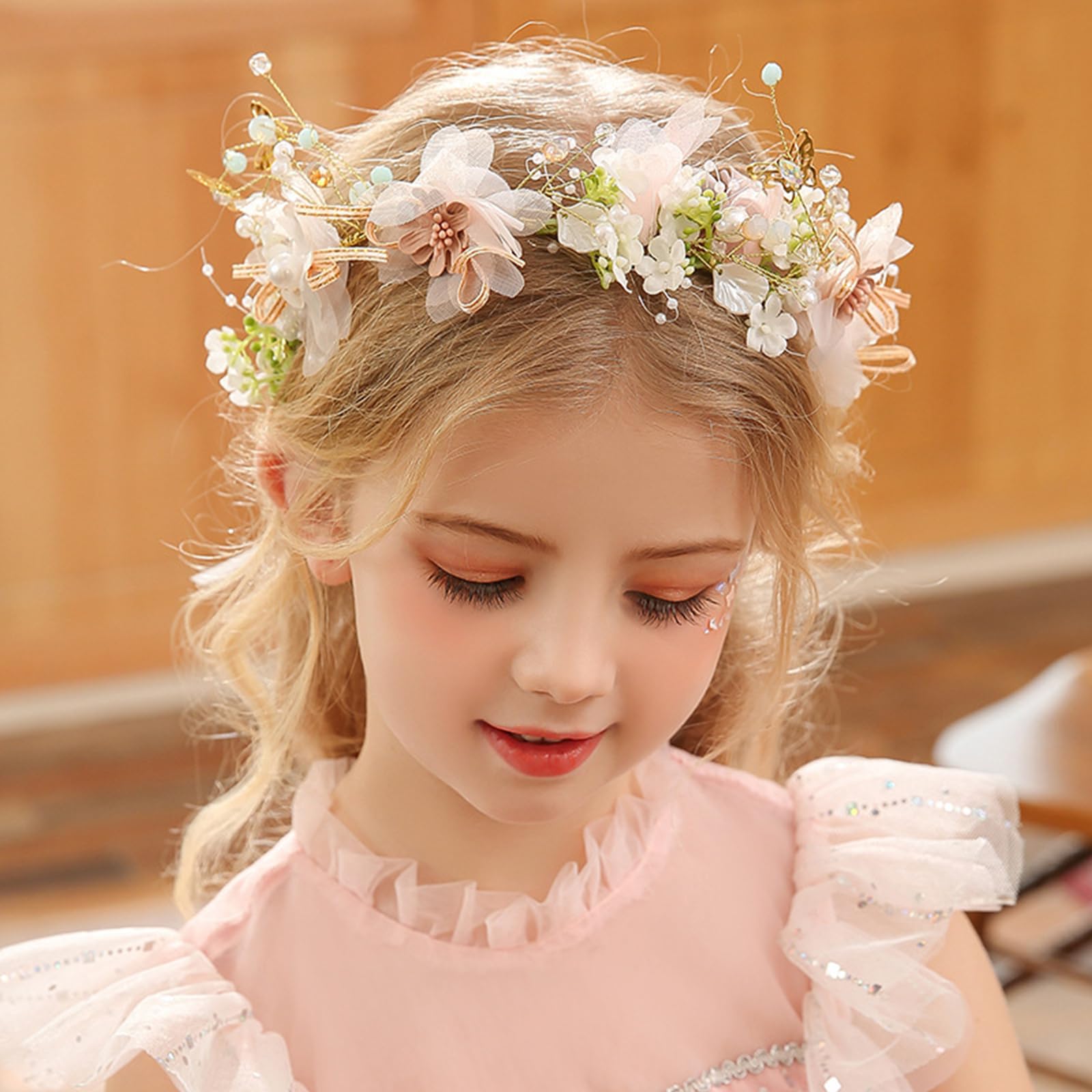 Photo 1 of Ever Fairy Princess Flower Crystal Headpiece Girls Rhinestone Pearl Headband Women Wedding Floral Hairband Bridal Hair Accessories Photography for Girls and Women (Pink B)