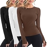 Velvelhall 3 Pack Women's Workout Shirts Long Sleeve Raglan Slim Fit Crew Neck Athletic Yoga Basic Tops with Thumb Holes