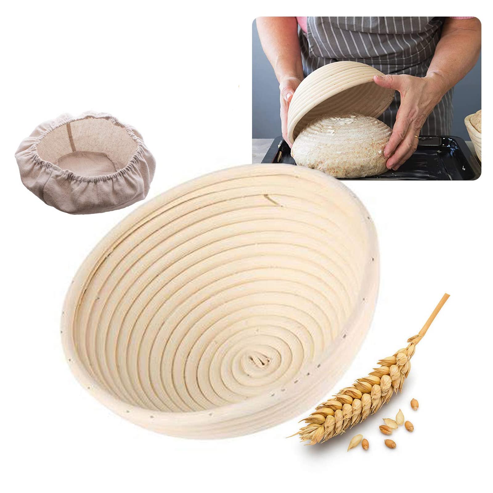 Photo 1 of 10 Inch Bread Proofing Basket, NILSTOREY Round Banneton Bread Dough Rising Rattan Basket + Linen Liner Cloth for Professional & Home Bakers (Round - 10")