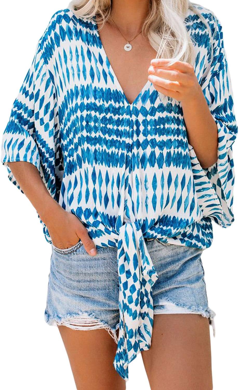 Womens Fashion Deep V-Neck Button Down Flutter 3/4 Sleeve Front Tie Tops
