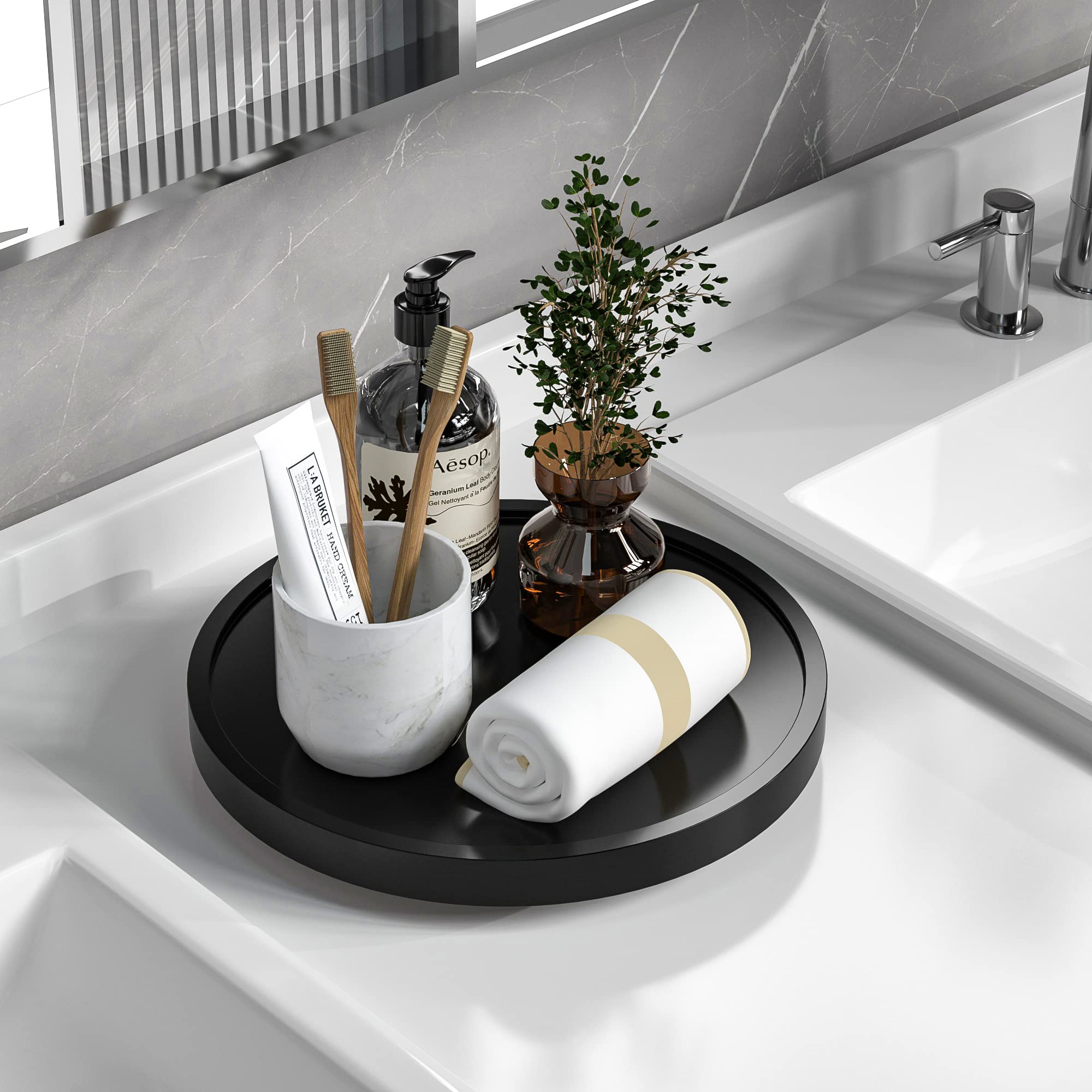 Photo 1 of VeyFey Turntable Vanity Tray 10 Inch for Perfume Candle, Bamboo Kitchen Sink Countertop Organizer Keep Glass, Sponge and Soap Bathroom Coffee Table Decorative Black (VFLZ)