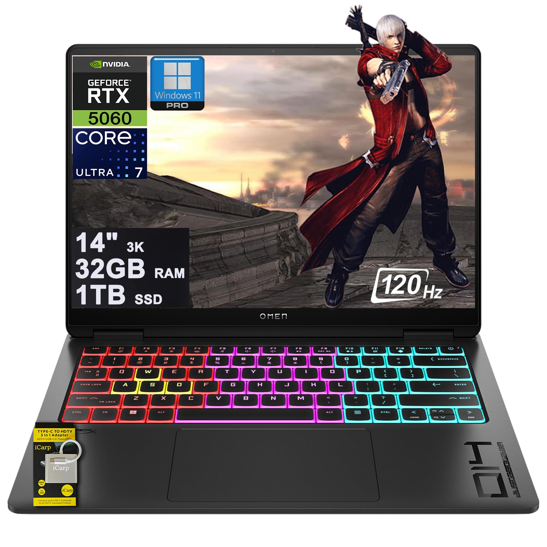 HP Omen Transcend 14 Gaming AI Laptop 14" 3k OLED 120Hz (100% DCI-P3, HDR 500nits) Intel 16-core Ultra 7 255H 32GB RAM 1TB SSD GeForce RTX 5060 (Up to 572 AI Tops) RGB Backlit HyperX Win11Pro ICP Hub