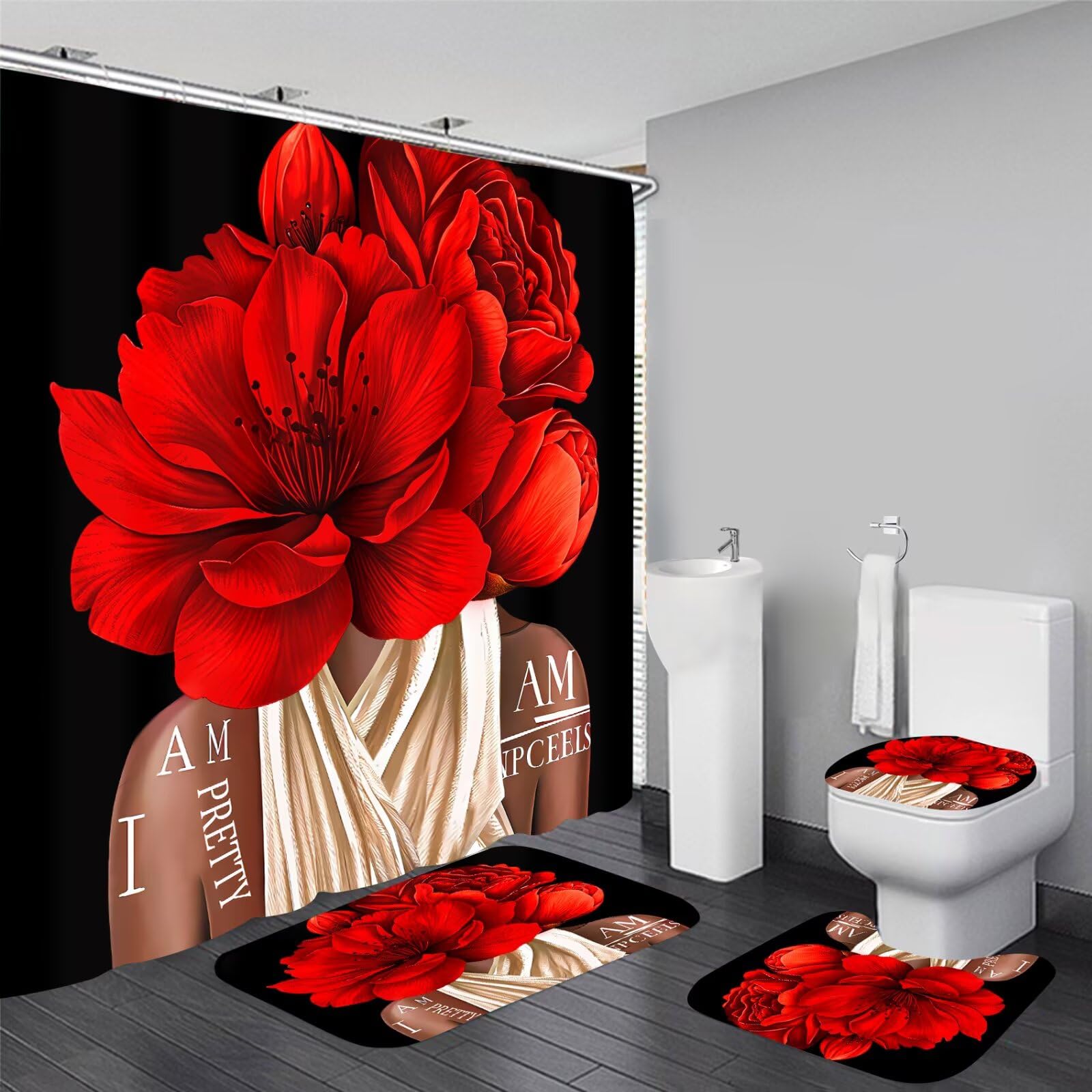 Yddsky 4 Pcs Valentines Red Girl Shower Curtain Sets African American Woman Rose Floral Quotes Non-Slip Rugs Bath Mat Toilet Cover U Shaped Mat Shower Curtain with 12 Hooks Bathroom Set
