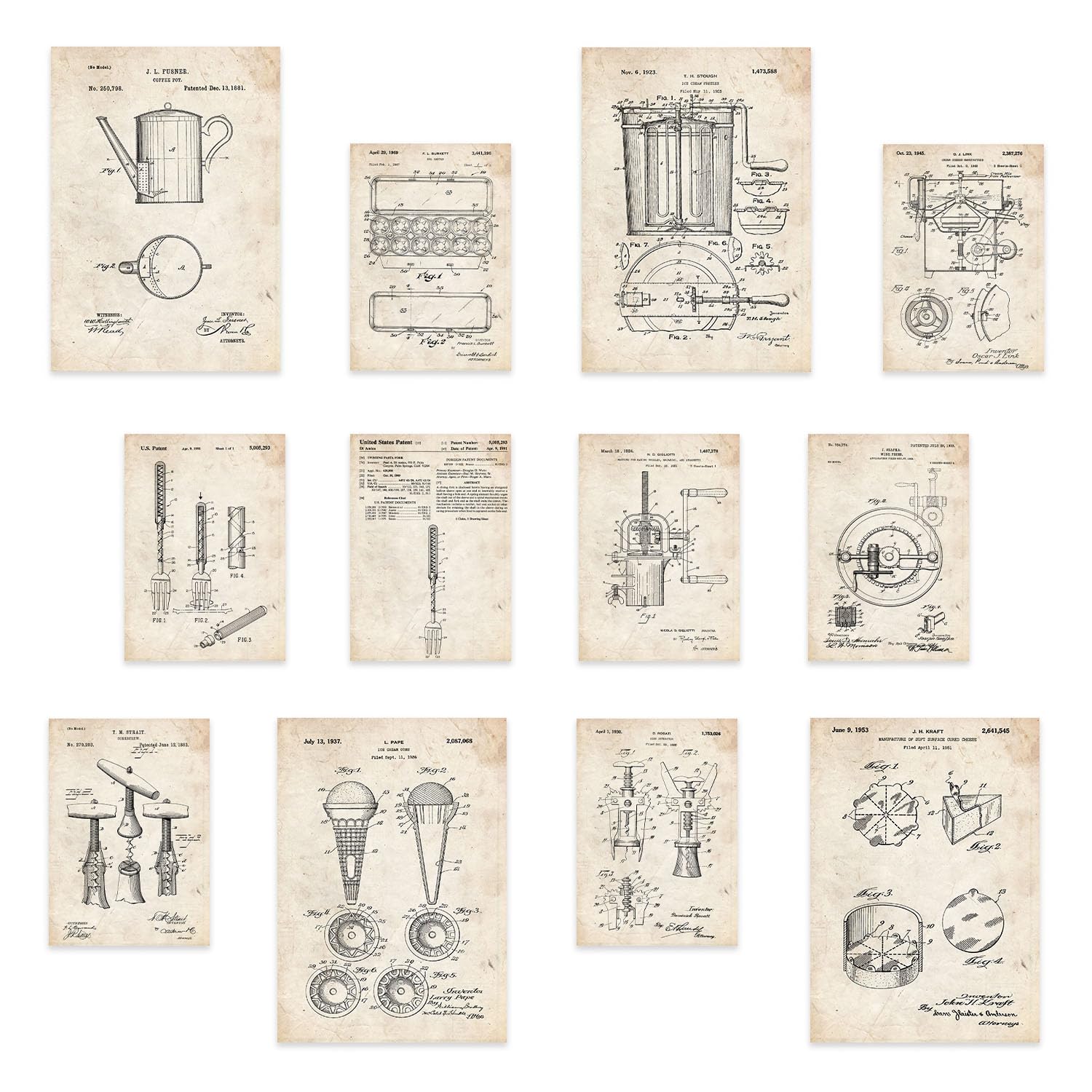 Nacnic Kitchen Patent Prints Set - 12 Prints (4 A3, 8 A4) - Unique Design, No Frames - Stylish Frame Color - Perfect for Kitchen Decor Wall Art Prints Poster Wall decor