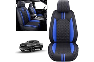 YIERTAI for Dodge RAM Seat Covers Fit 2009-2025 1500/2500/3500HD Pickup Crew Double Cab Quad Cab Laramie Long Horn Rebel Tradesman Waterproof Leather Seat Cover(2 PCS Front only/Black-Blue)
