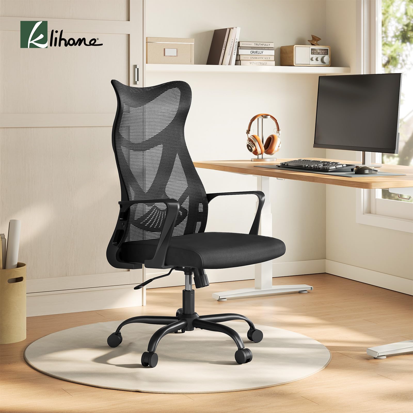 Klihome Bürosessel Ergonomisch, Bürostuhl Schaukelfunktion 360° Drehbar, Schreibtischstuhl mit Armlehnen, Arbeitsstuhl aus atmungsaktivem Netzstoff, Schwarz 2