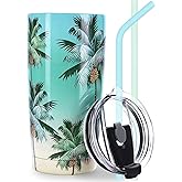 NymphFable 20oz Palm Tree Tumbler with Straw and Lid Stainless Steel Insulated Travel Mug Double Wall
