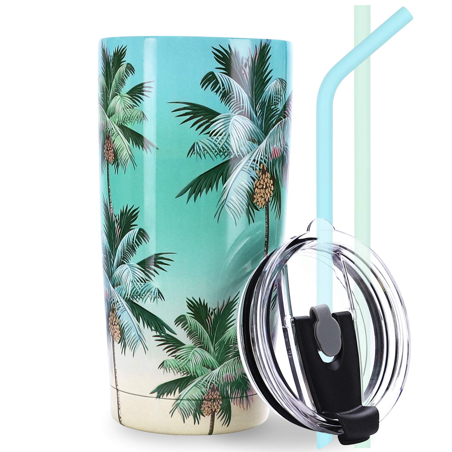 NymphFable 20oz Palm Tree Tropical Cup Insulated Travel Mug Tumbler with Straw and Lid Stainless Steel Double Wall