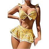 BEAUDRM Women's 2 Piece Ruffle Bikini Sets Floral Tummy Control Skort Swimsuit Bathing Suit Beachwear