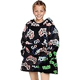 REXEO Wearable Blanket Hoodie for Kids Fleece Sweatshirt Blanket Gamer Gifts for Boys Girls Flannel Hooded Blanket with Pocket and Sleeves for Kids