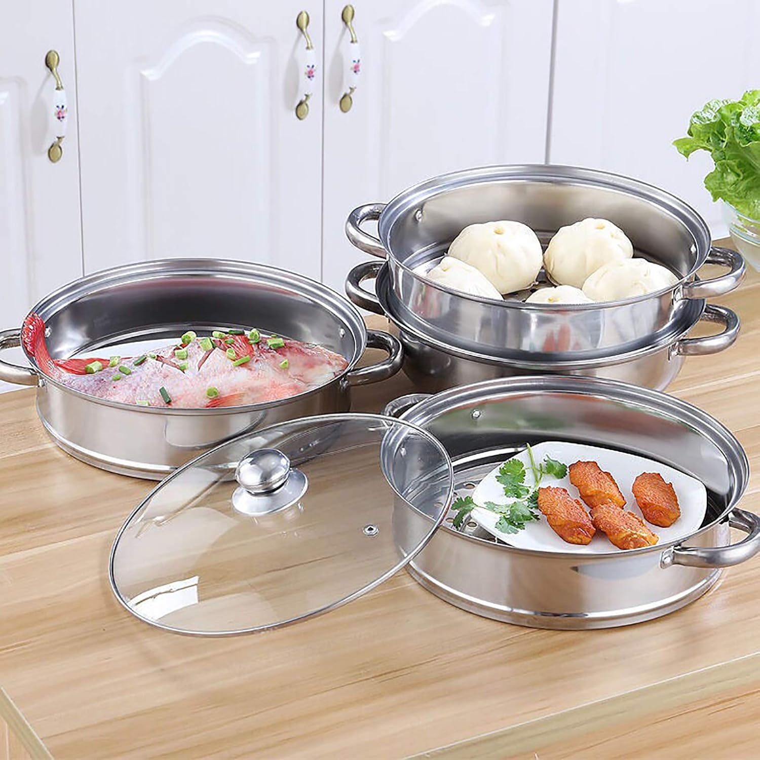 Steamer Pot Stainless Steel 2 Tier - 28cm Steamer Pot w/Glass Lid Food Veg Cooker Pot Cooking Pan Steaming Pot Dim Sum Cookware Steamer For Kitcken Cooking Tool: Kitchen & Dining