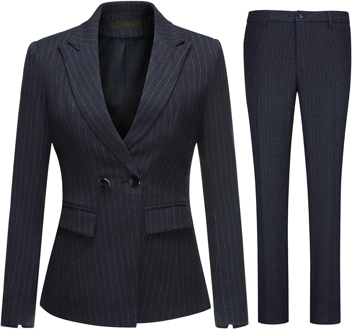 Women's 2 Piece Office Lady Stripes Business Suit Set Slim Fit Blazer Jacket Pant