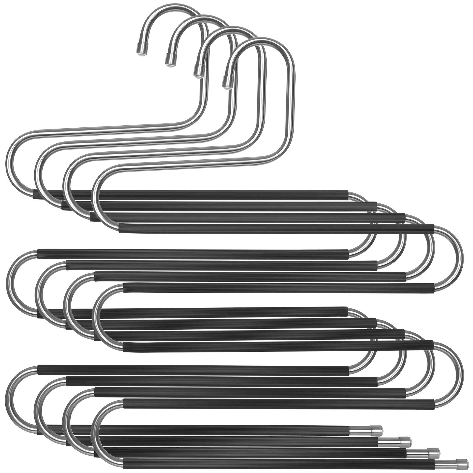 SONGMICS Space-Saving 5-Tier Metal Trousers Hangers, Pack of 4, S-Type Non-Slip, Silver and Black, Stainless Steel and PVC, 39 x 0.8 x 32 cm, 5 kg Capacity Each