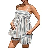 MakeMeChic Women's Maternity 2 Piece Outfits Striped Lace Trim Shirred Cami and Shorts Pregnancy Set
