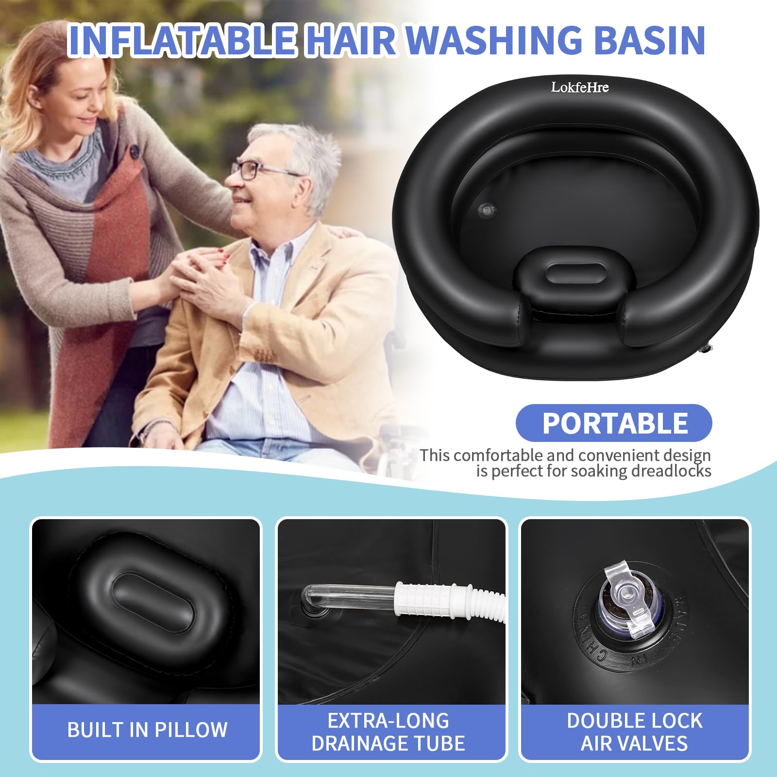 Large Portable Inflatable Hair Washing Basin for Bedridden - Wash Hair in Bed with Inflatable Shampoo Bowl.For Elderly,Disabled,Injured,Ideal Inflatable Sink for Locs Detox (Black)