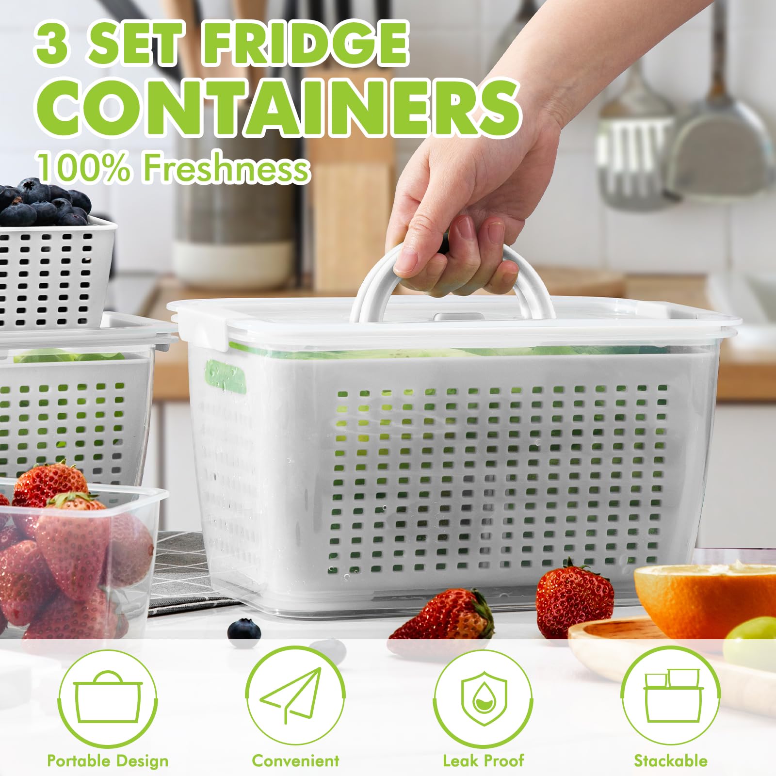 Luxear 3 Set Frischhaltedosen mit Deckel Abtropfgitter, 4L+1,7L+0,5L Kühlschrank Vorratsdosen Set, BPA Frei Frischhalteboxen mit Griff Luftablassventil, für Gemüse Obst Salat Spülmaschinenfest 2