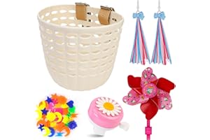 Oumers Kids Bike Basket Set, with Wheel Spoke Beads Plastic Bicycle Basket Bicycle Bell Bicycle Windmill