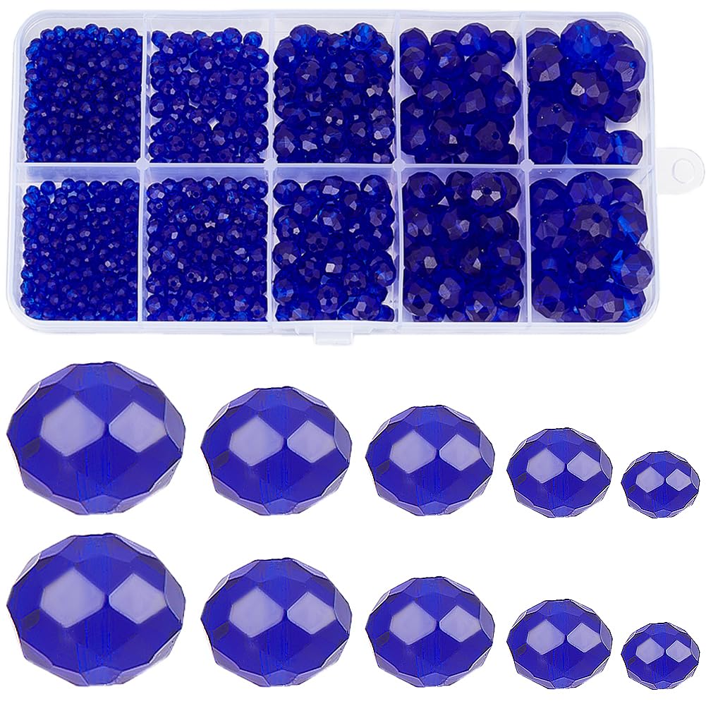 SUNNYCLUE 780Pcs 5 Sizes Blue Glass Beads Bulk Faceted Crystal Beads 2mm 4mm 6mm 8mm 10mm Rondelle Briolette Electroplate Loose Beads for jewellery Making DIY Crafts Necklace Bracelet Earring Beginner